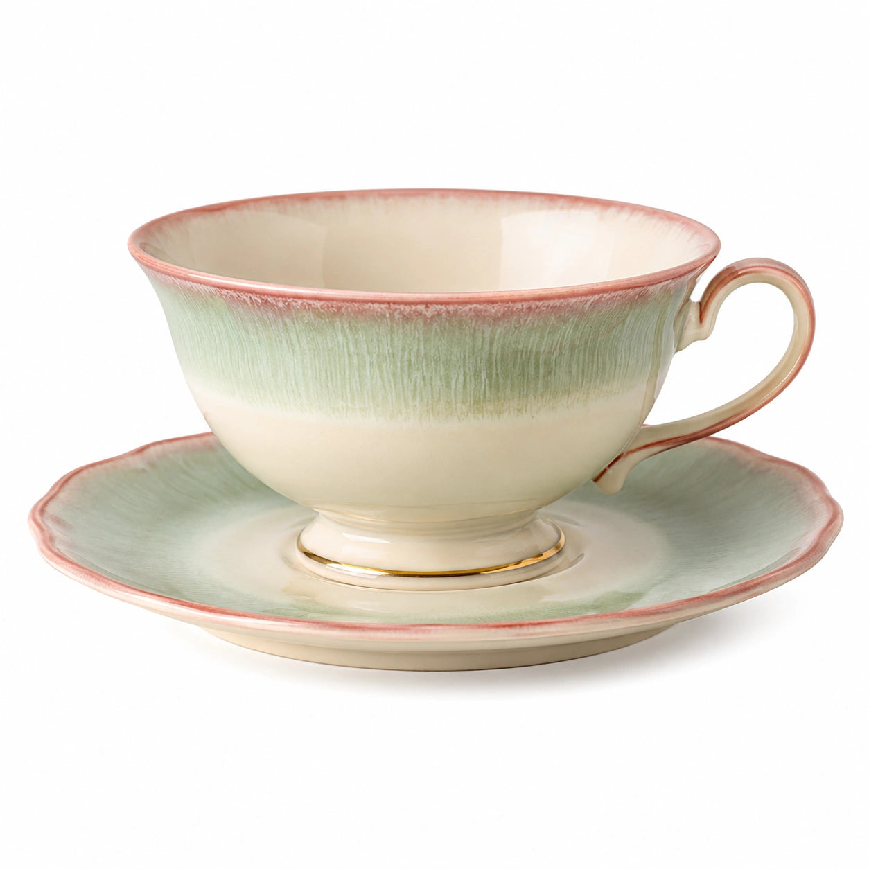 Elegante Teetasse mit Untertasse, Pastellgrün/Rosa, 200ml