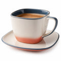 Quadratische Kaffeetasse mit Untertasse in Blau/Weiß/Orange, 250ml
