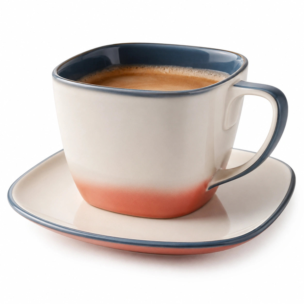 Quadratische Kaffeetasse mit Untertasse in Blau/Weiß/Orange, 250ml
