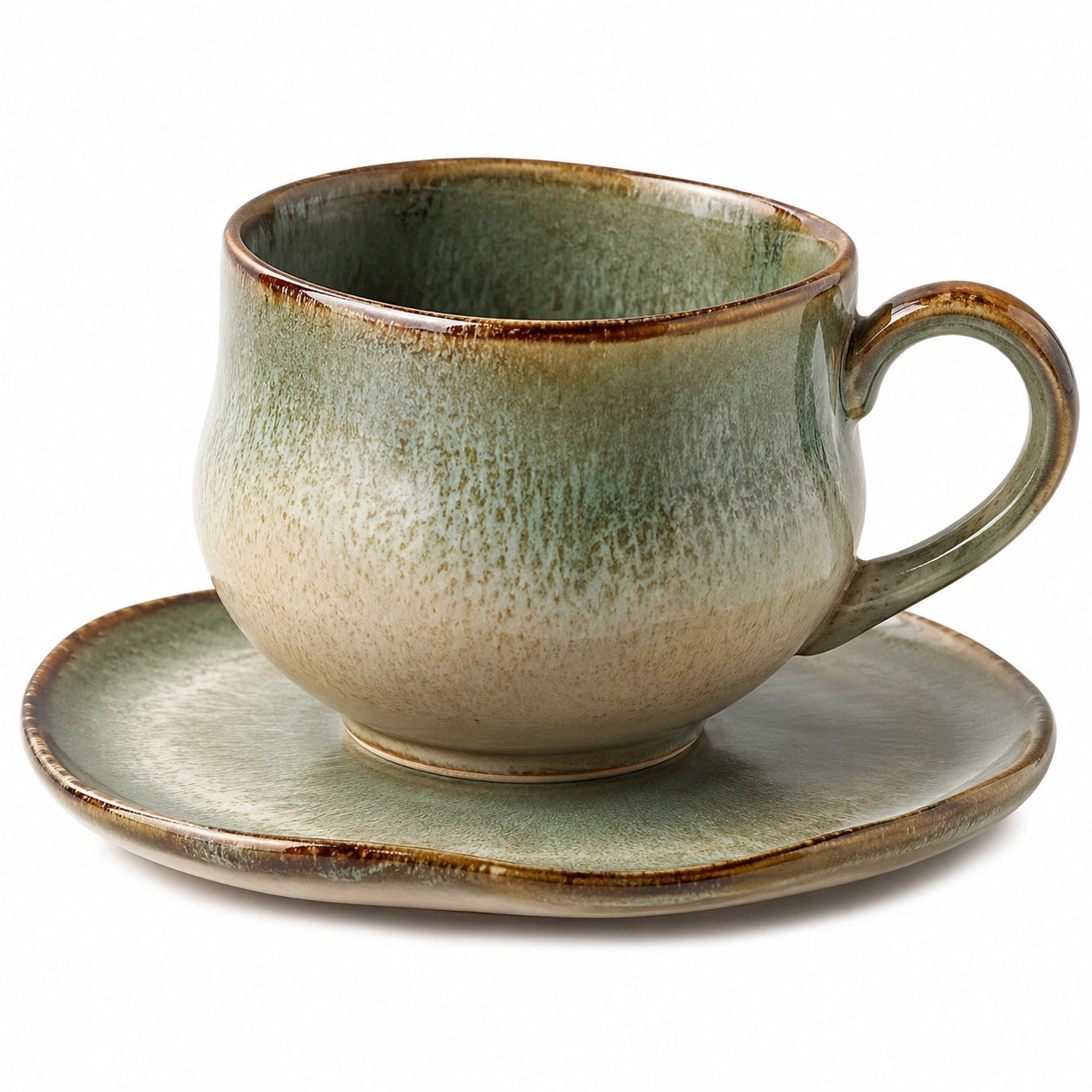 Keramik Kaffeetasse mit Untertasse Grün und Braun 250ml