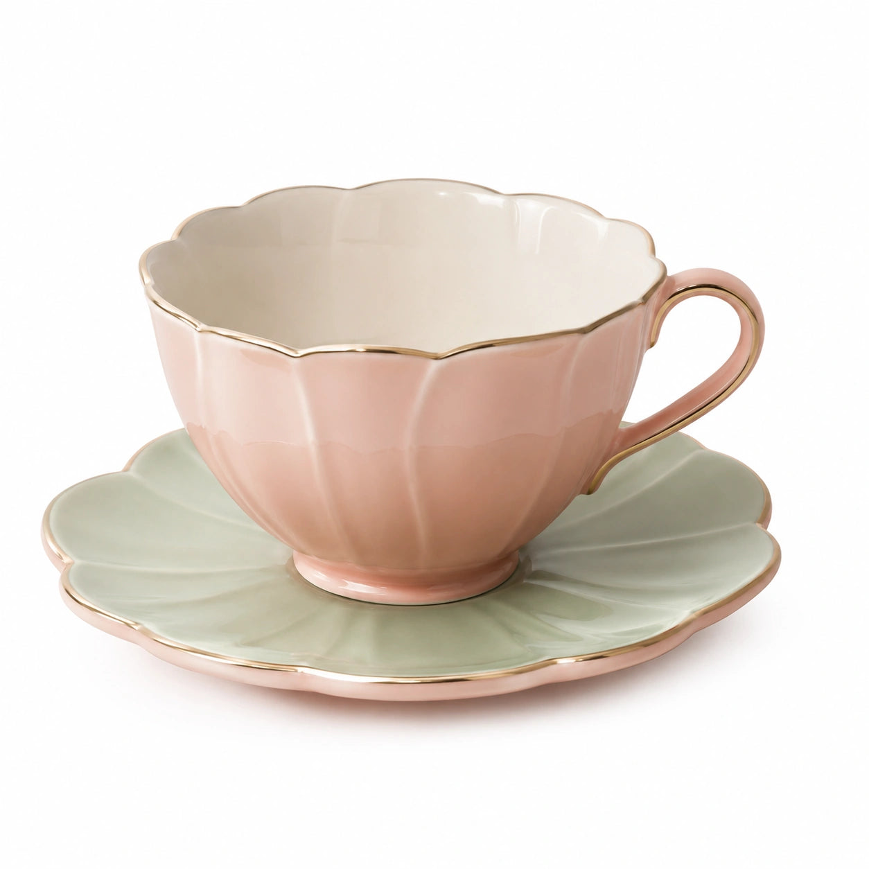 Elegante Teetasse mit Untertasse in Blütenform, Rosé/Grün, 250ml