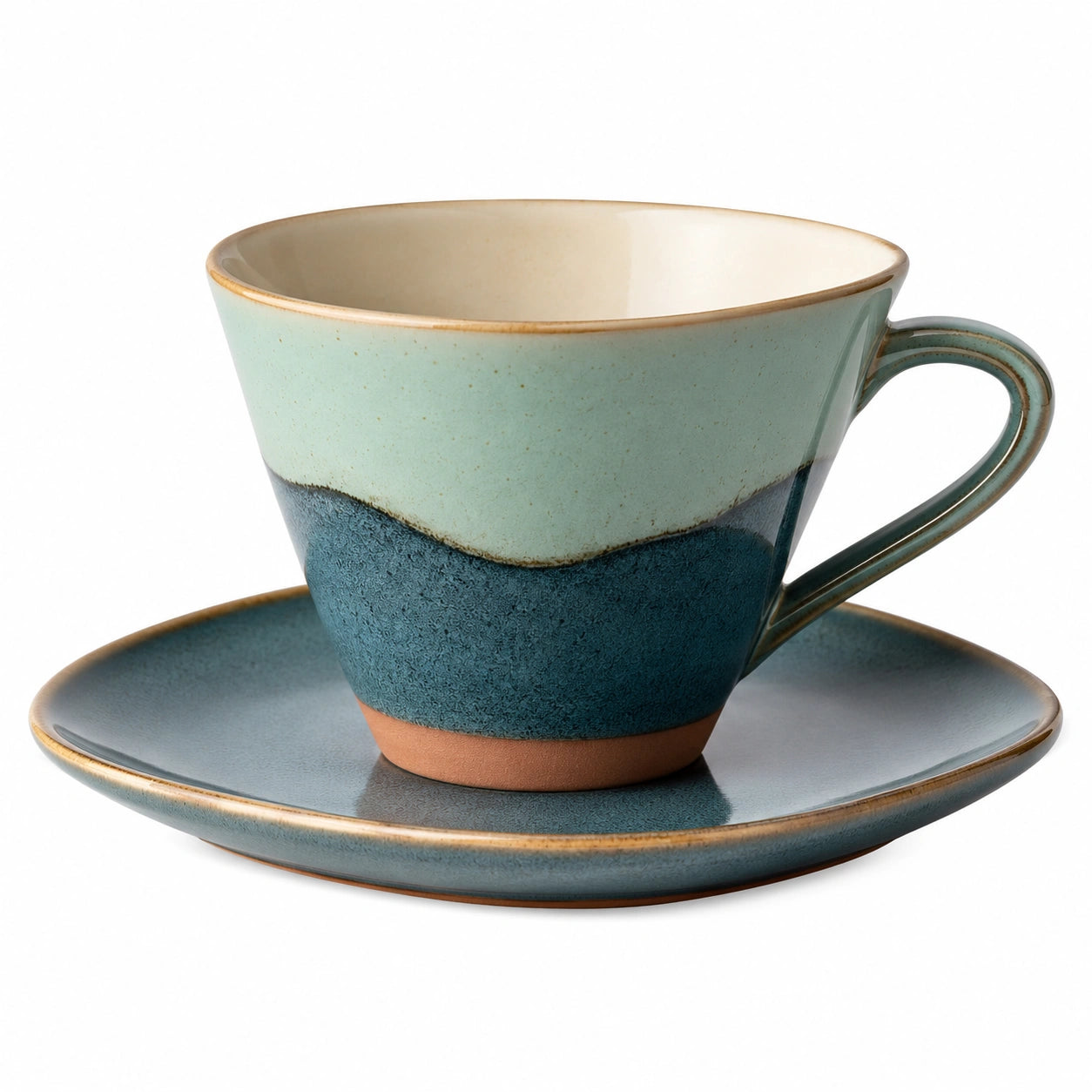 Handgefertigte Keramiktasse mit Untertasse, Farbverlauf Blau/Grün