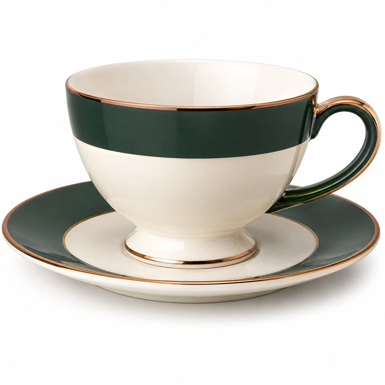 Porzellantasse mit Untertasse 240ml Dunkelgrün/Weiß, Goldrand