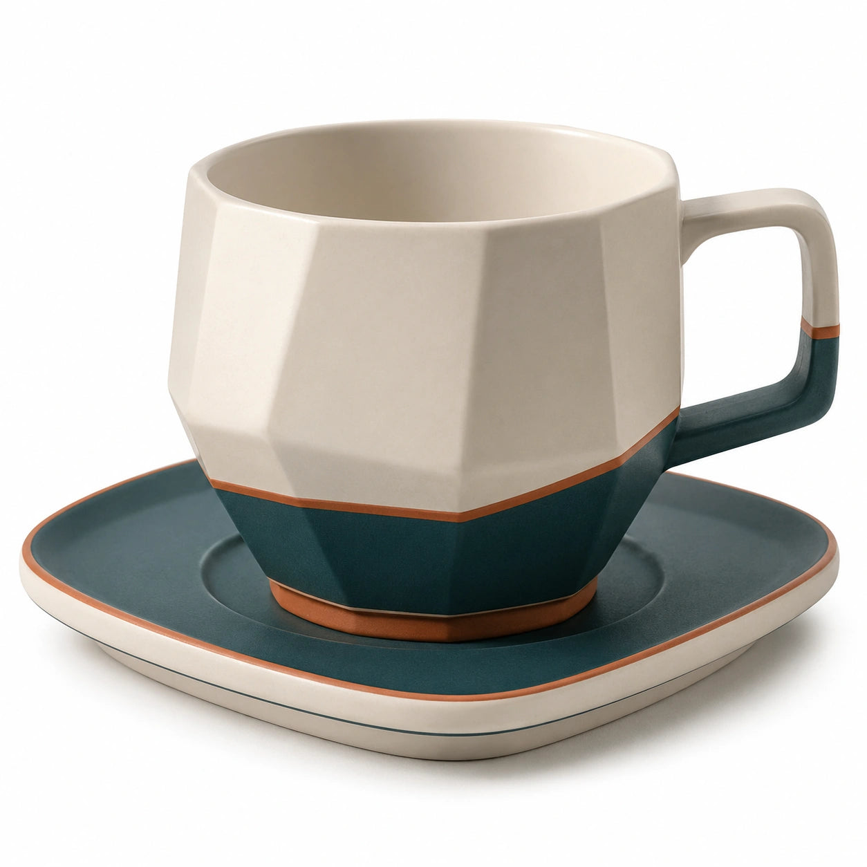 Keramiktasse mit Untertasse, geometrisch, 300 ml, Dunkelgrün/Beige
