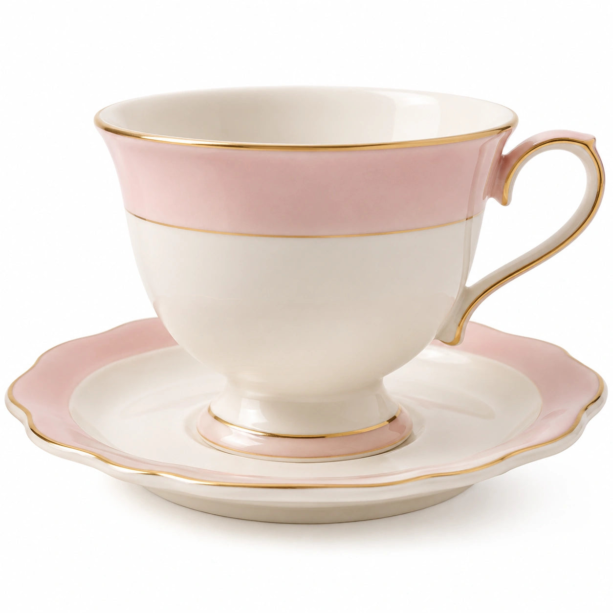 Elegante Porzellantasse mit Untertasse in Rosa und Weiß, 200ml