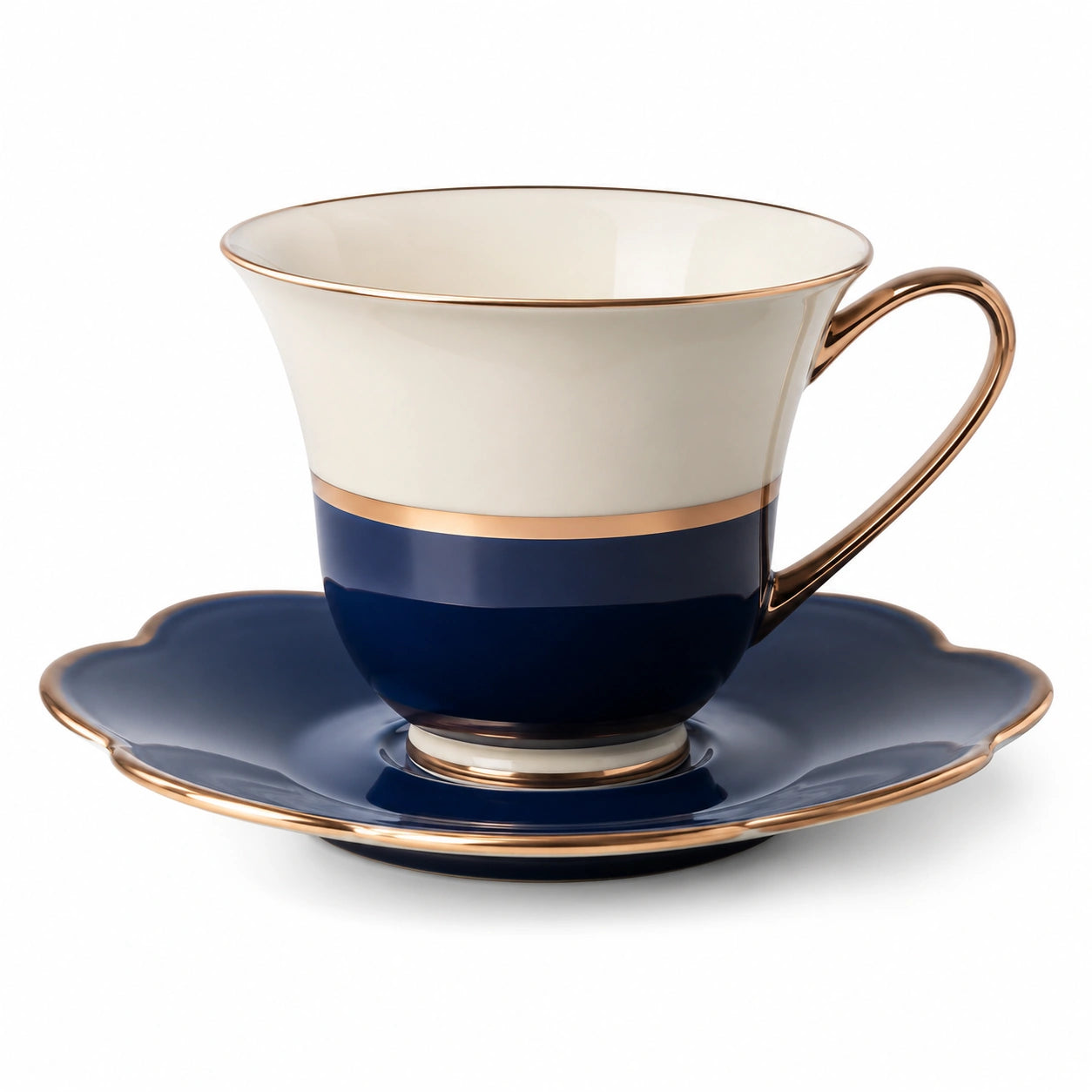 Elegante Teetasse mit Unterteller Blau-Weiß Goldrand 250ml