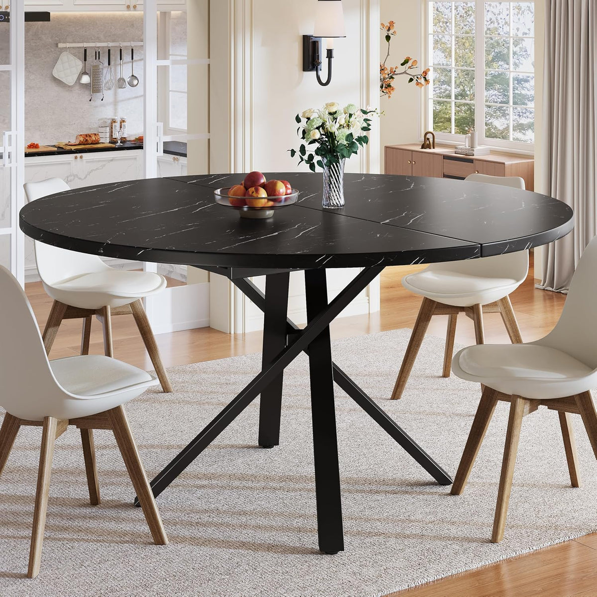 Merax Esstisch, 140 cm, Schwarz, Runder Ausziehbar für 4-8 Personen, Moderner Rund-Oval Esszimmertisch, Küchentisch Klein mit Stabilem Metallgestell