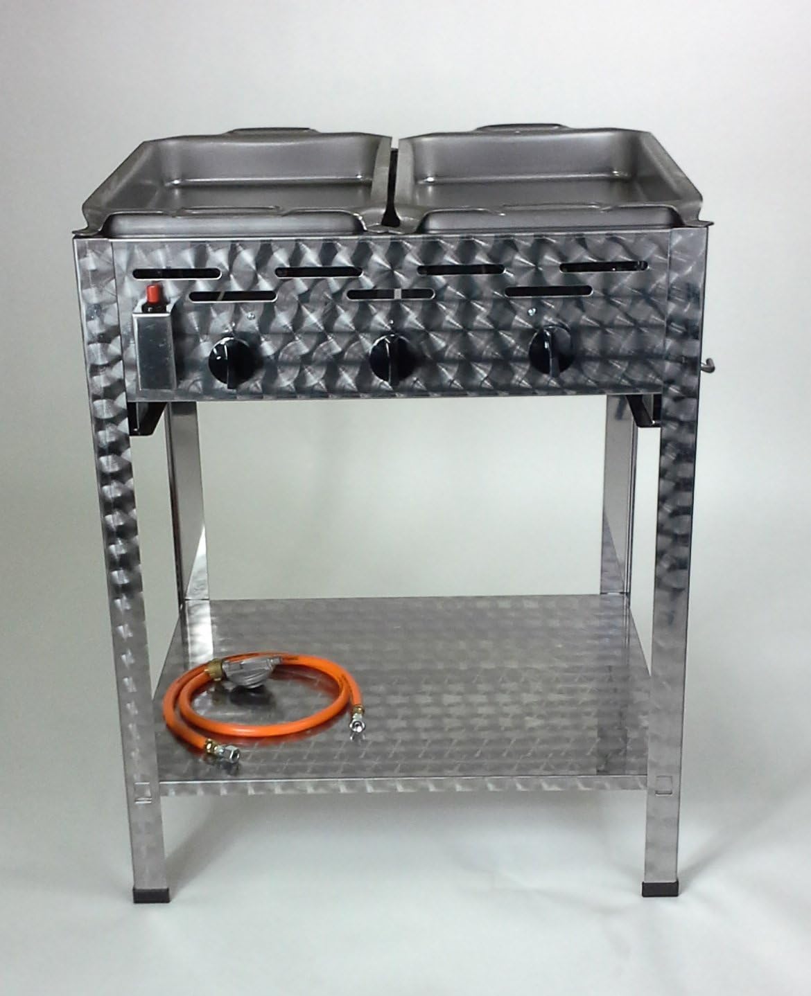 PA Gastrobräter Gasgrill, Silber/Schwarz, / 3-flammig mit 2 Pfannen und Standbeinen