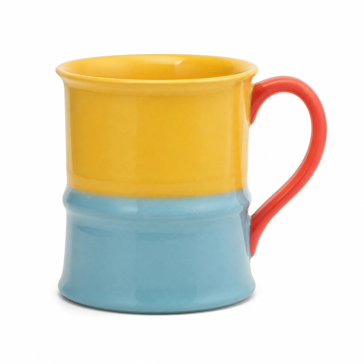 Keramiktasse in Gelb, Blau und Rot mit ergonomischem Griff, 300ml