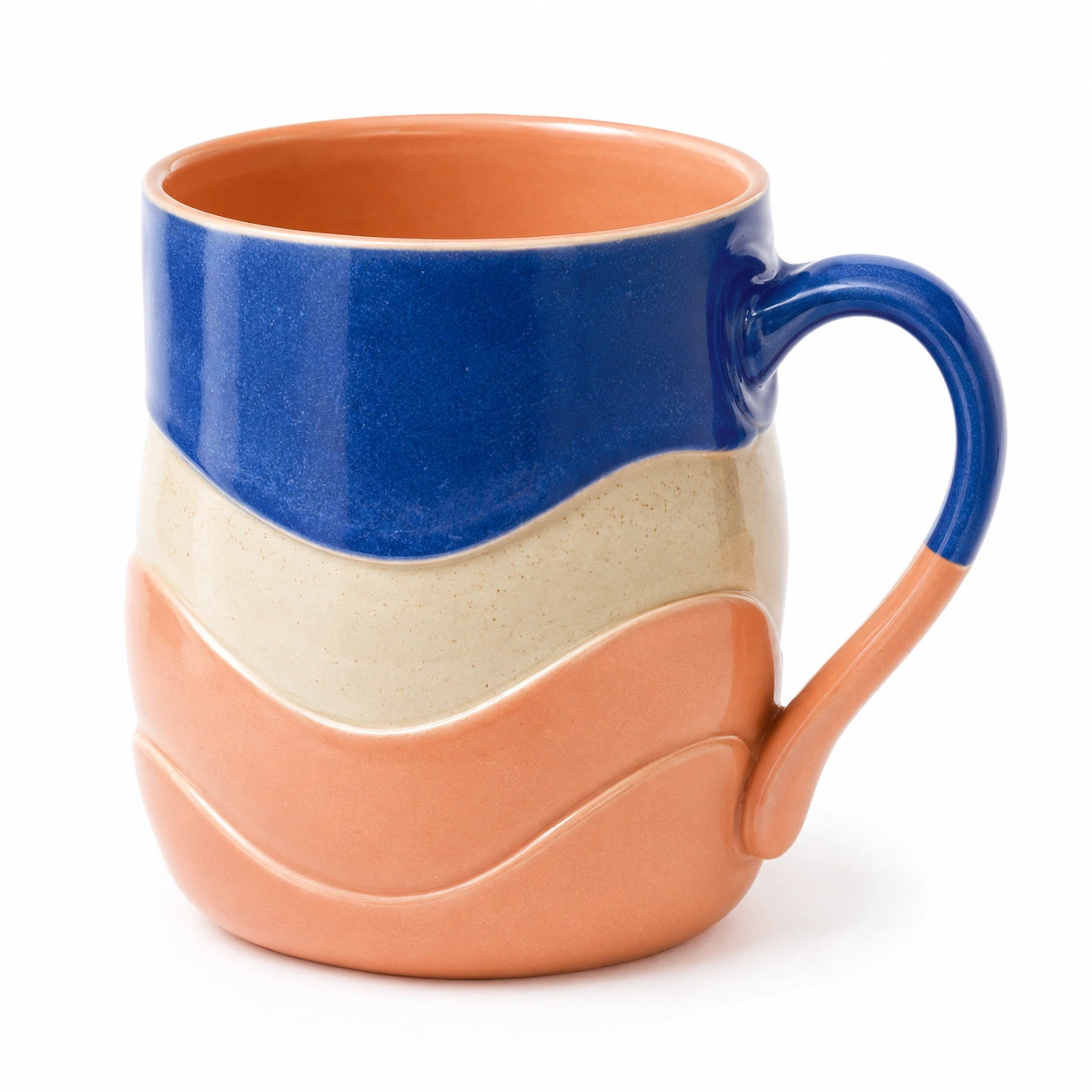 Keramiktasse mit Wellenmuster in Blau, Beige und Orange, 350 ml