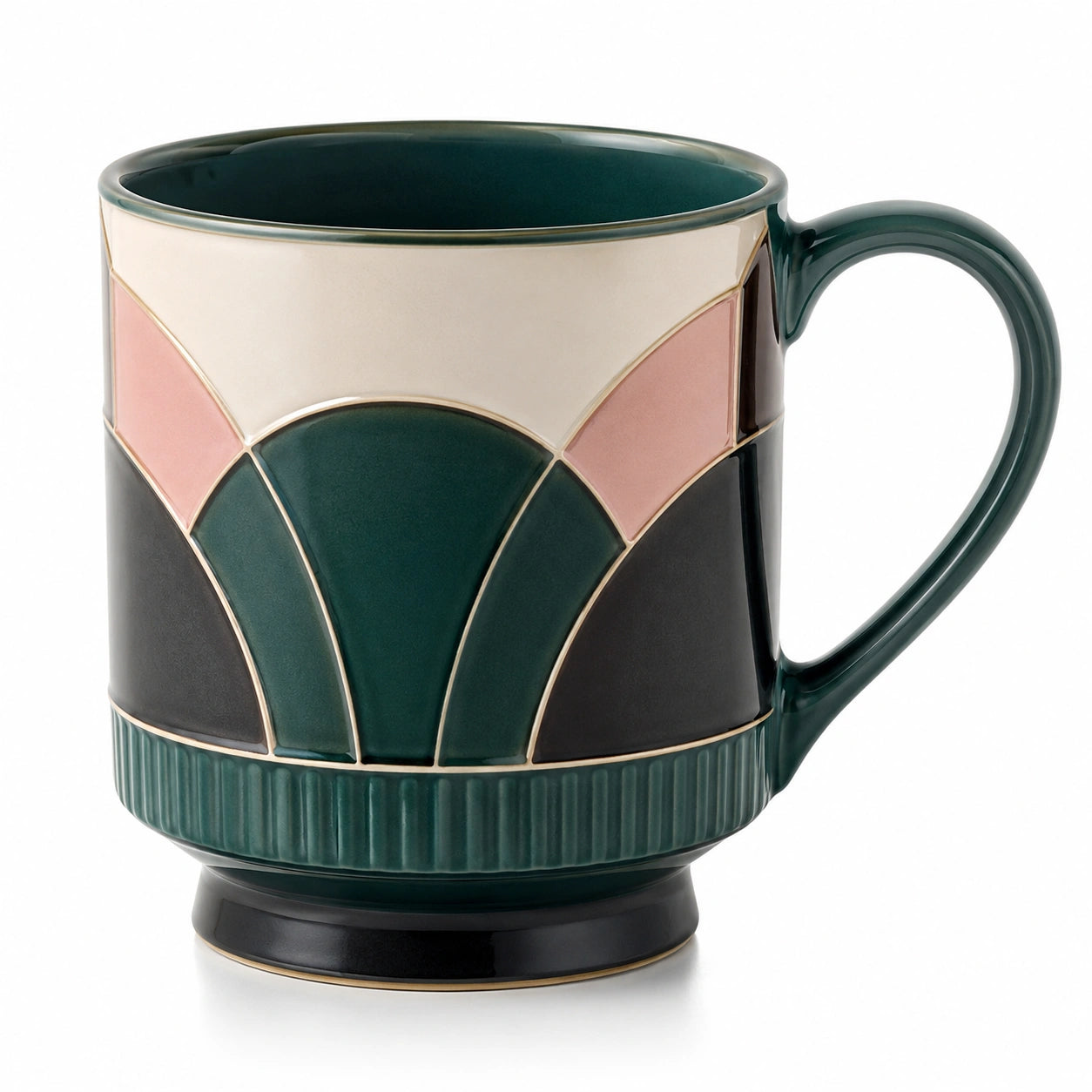 Keramik Kaffeetasse mit Art Deco Muster, 350ml, Dunkelgrün/Schwarz/Rosa/Weiß