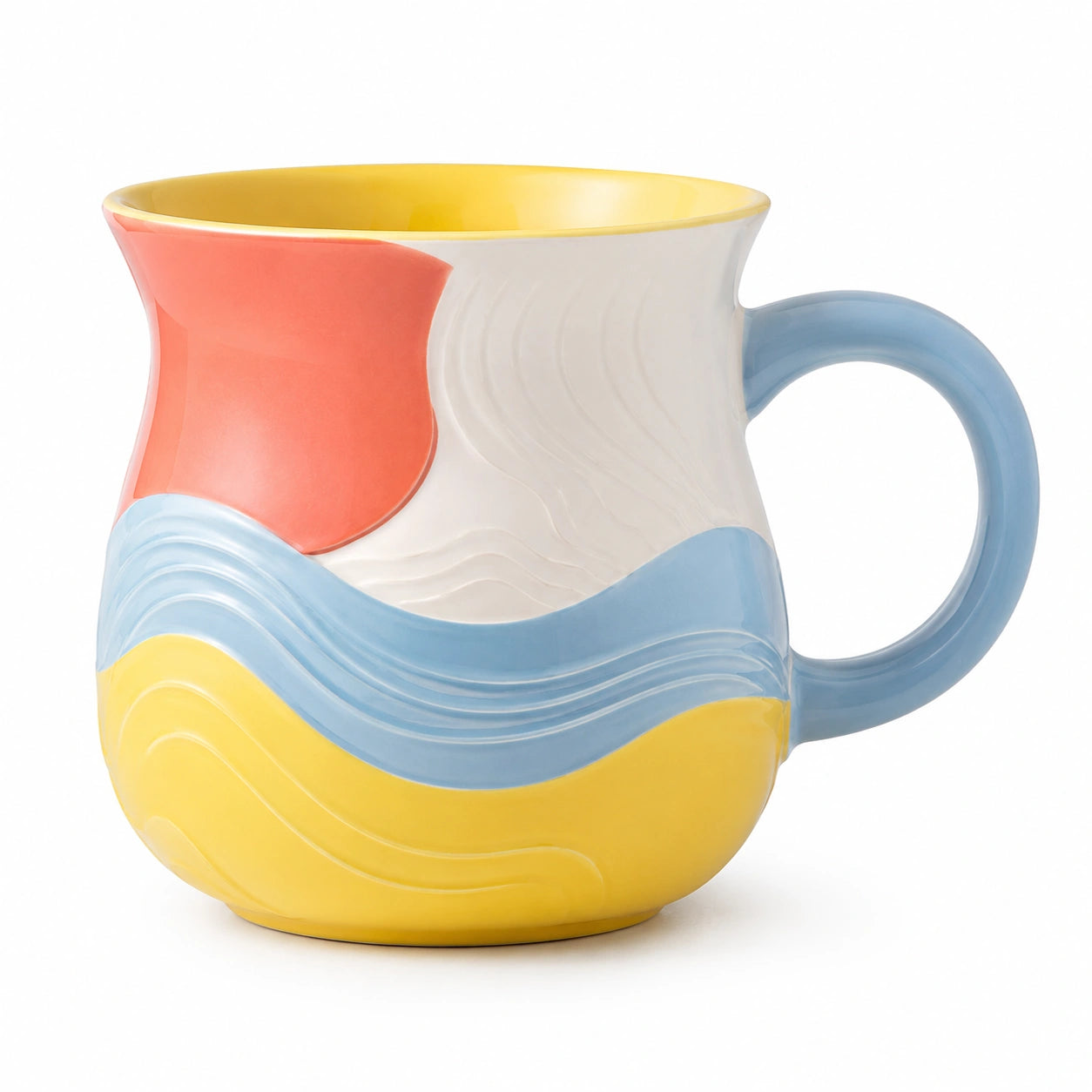 Keramiktasse 500ml mit Wellendesign in Blau, Gelb und Rot