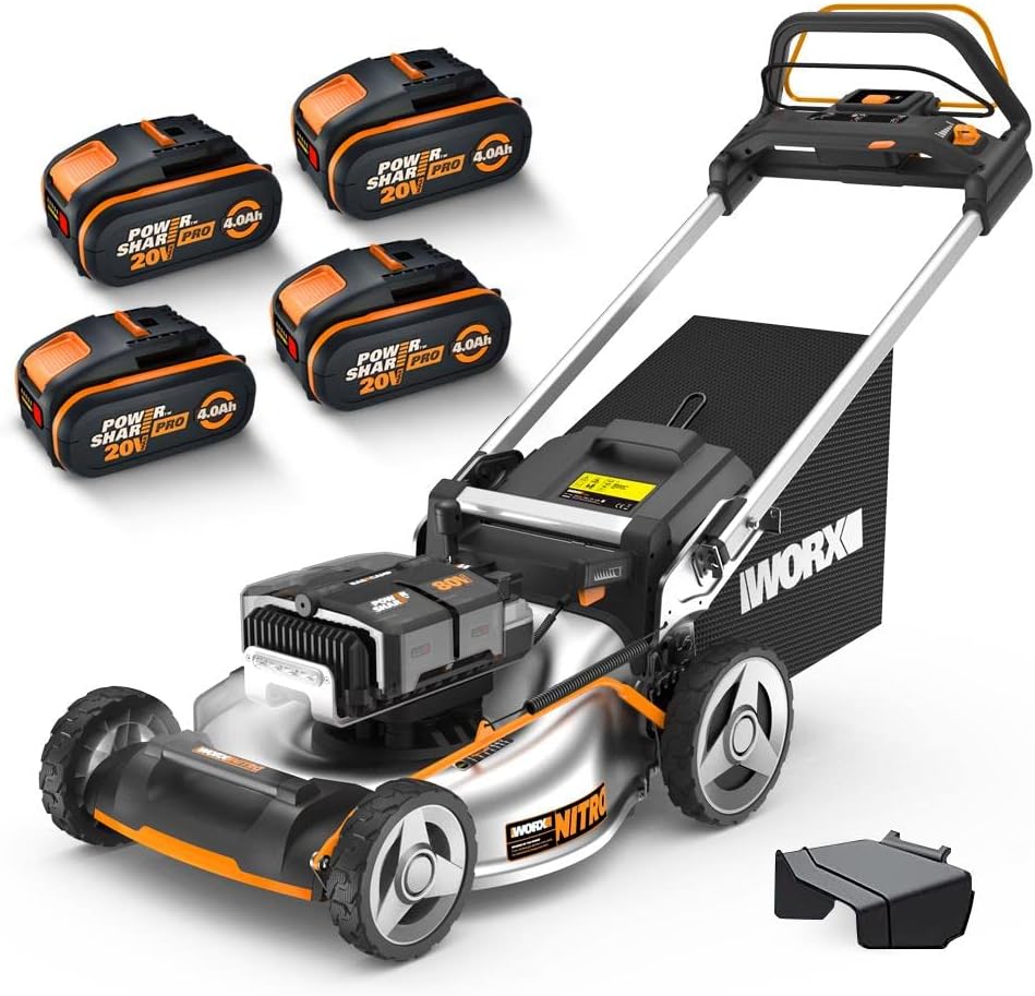 WORX Rasenmäher, 51 cm, 80 V, Schwarz/Orange/Silber, WG761E Nitro Profi Akku (4x20 V) - Kraftvoller Bürstenloser