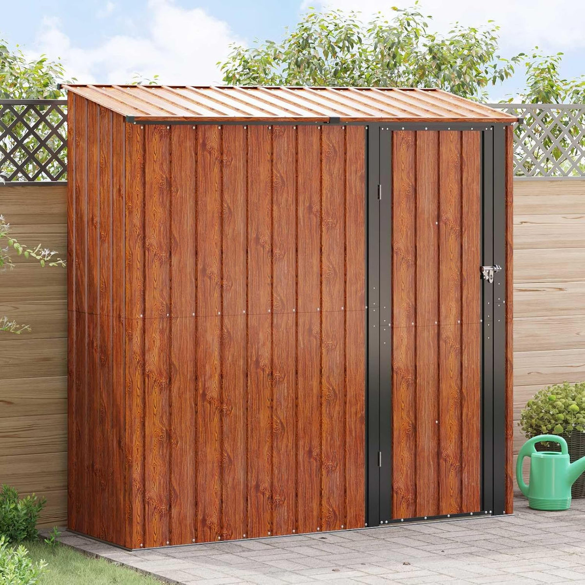 Gerätehaus Mokuyary, 203,5 x 73 x 200 cm, Metall, Braun, Gartenhütten Metall Gartenhaus, Geräteschuppen Schuppen für den Außenbereich Garten