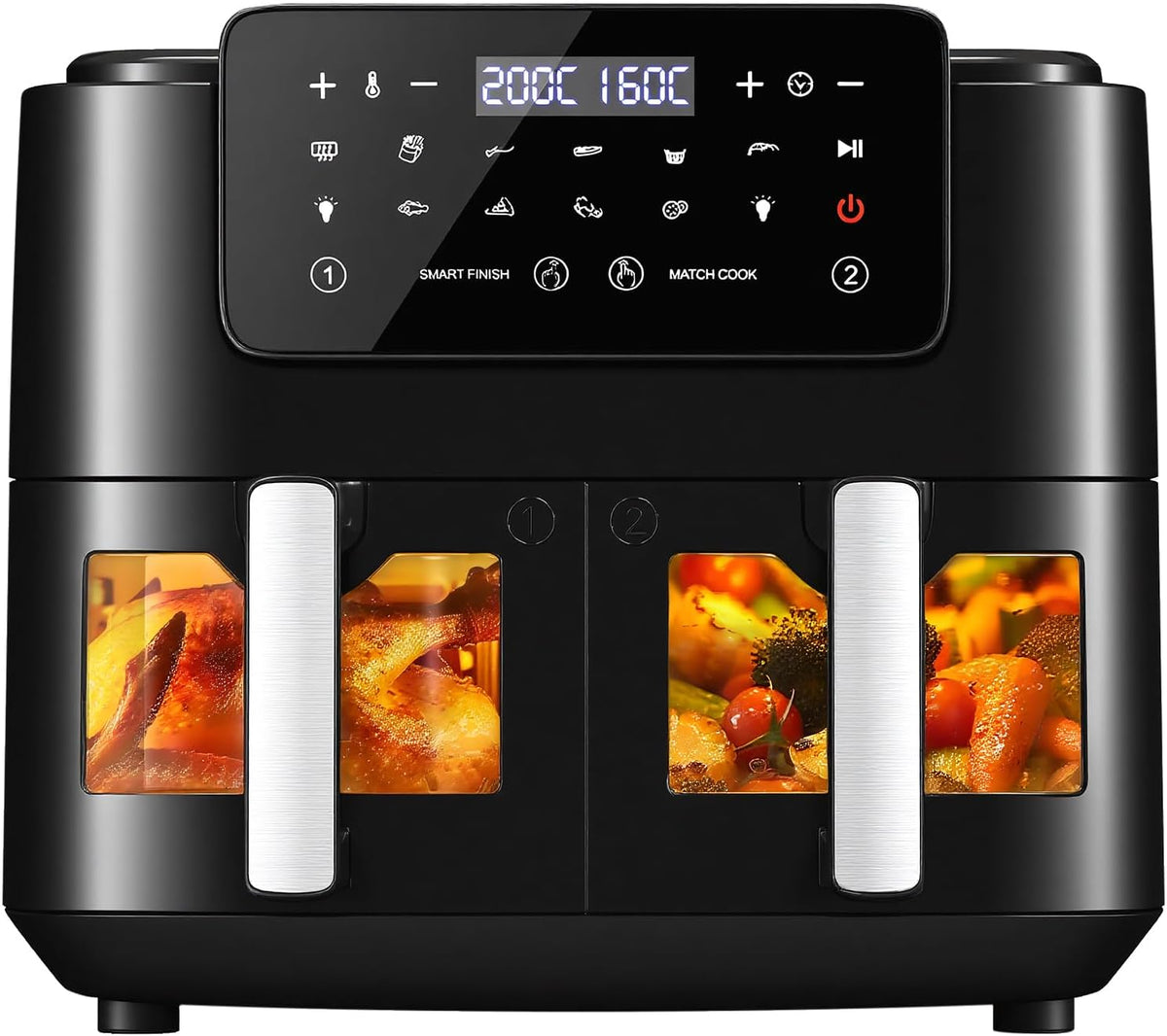 LLIVEKIT Backofen, 4.5 L, 9 L, Schwarz, Heißluftfritteuse 2 Kammern mit Sichtfenster, + Airfryer 9-in-1, XXL ohne Öl