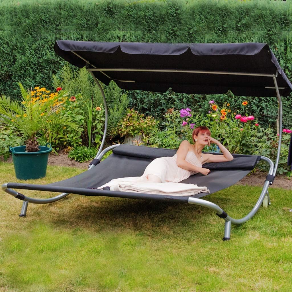 Loywe Liegen, 200x195x145 cm, Schwarz, Sonnenliege Doppelliege mit Dach für 2-Personen Doppel