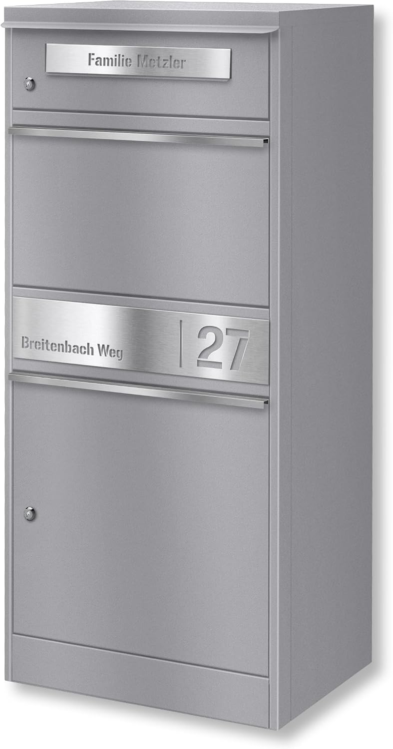 Metzler Wandbriefkästen, Graualuminium, Briefkasten und Paketbox rostfrei und massiv, paketbox draussen groß XXL