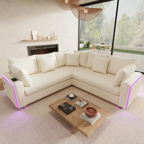 Sofa STAPERFO, 198x198x83 cm, Beige, Eck L-Form mit LED Beleuchtung, Bluetooth & USB-C Ladeanschluss, Cord mit 5 Kissen