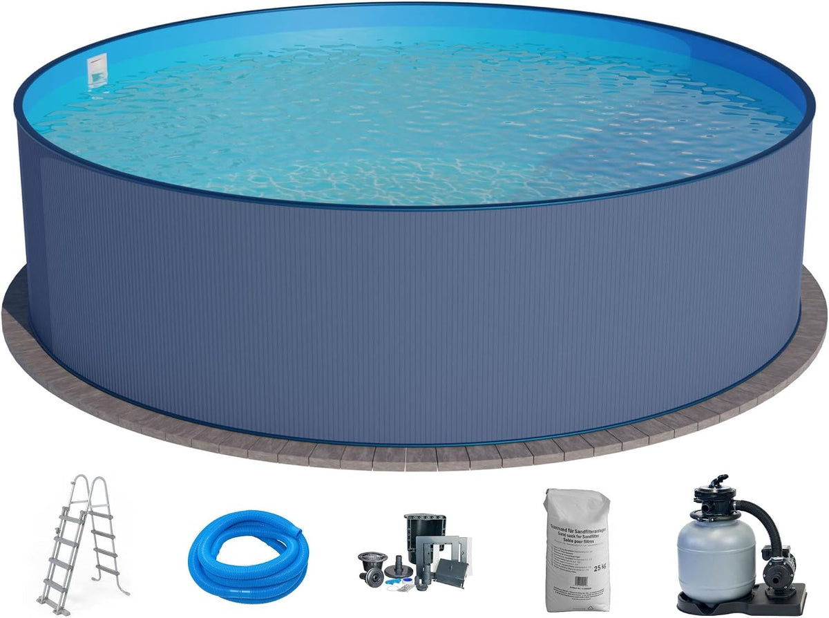 Planet Pool Stahlrahmenpool, 450 x 120 cm, 0,4 mm, anthrazit/blau, Stahlwand Set (7-teilig) hoch rund, Stahl anthrazit Folie blau