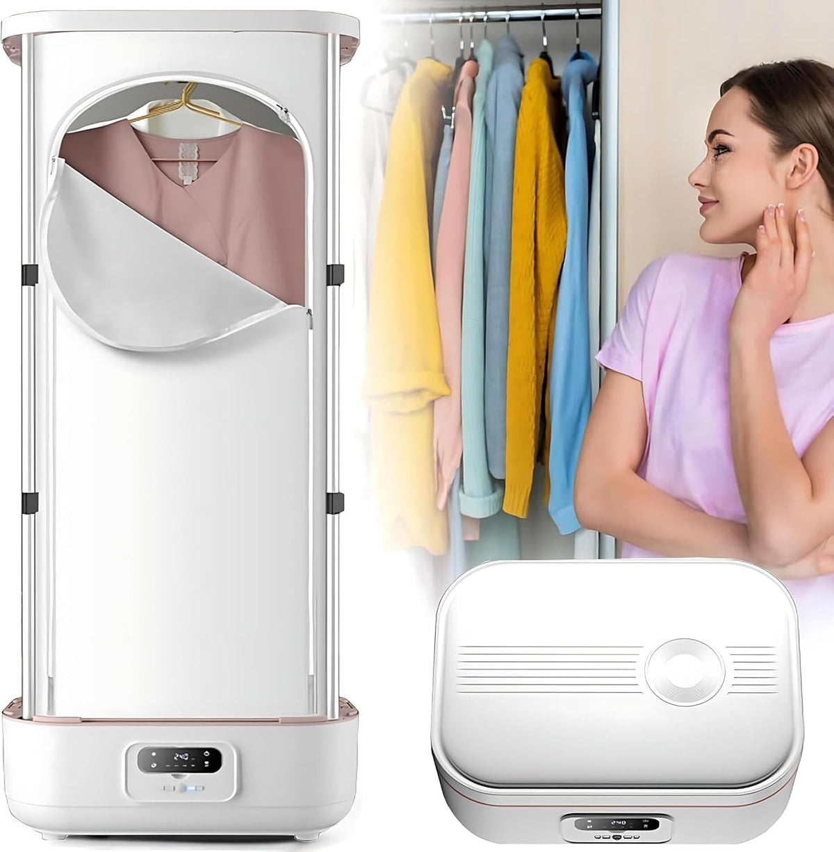 RoyceBee Dampfglätter, 900 W, Weiß/Rosa, Automatische Bügel- und Faltmaschine mit Teleskopstange, Bügelmaschine