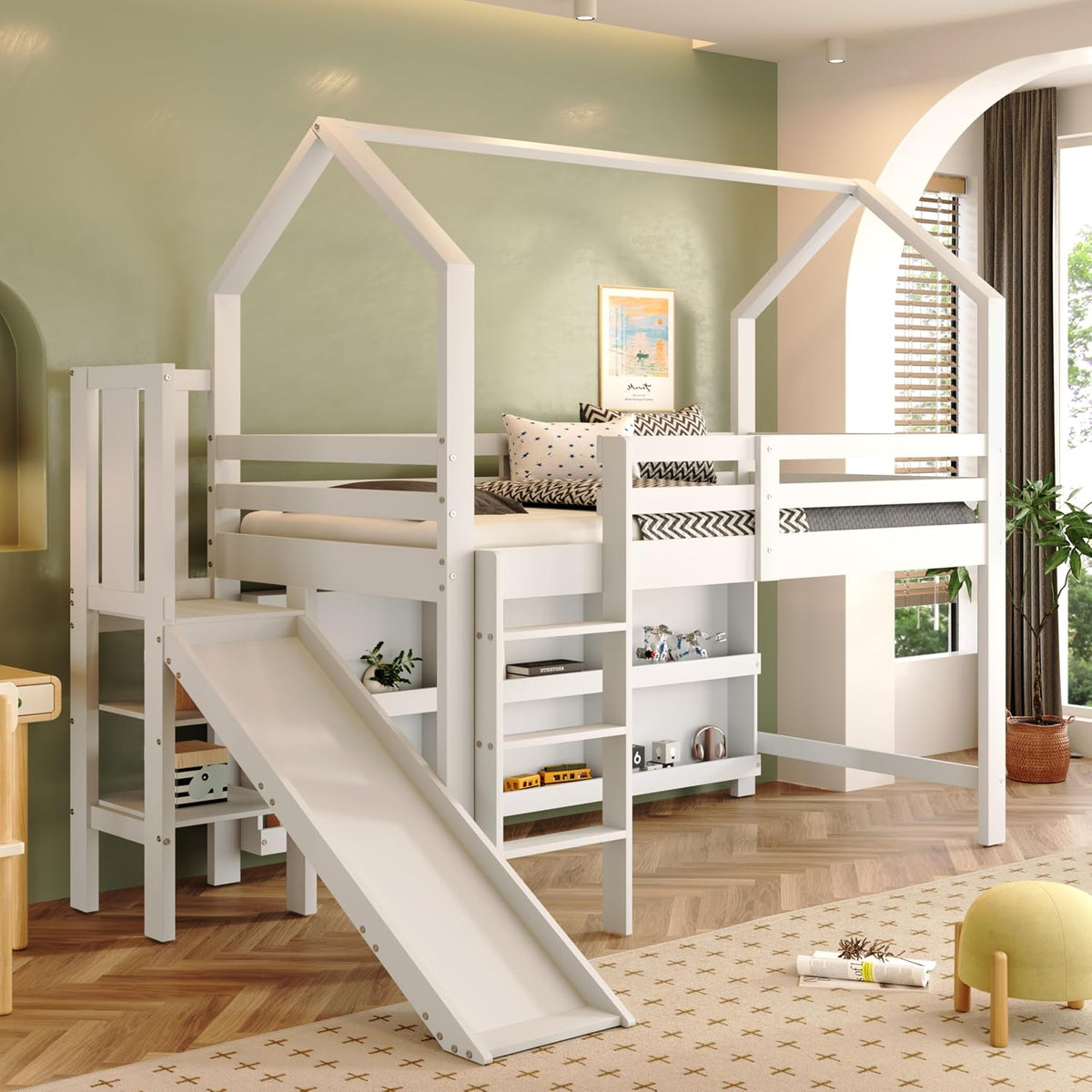 Zravenna Bett, 200 cm, Weiß, Kinder Hoch 90 * mit Rutsche, Multifunktionales Kinder mit Treppen und Schließfach Regal