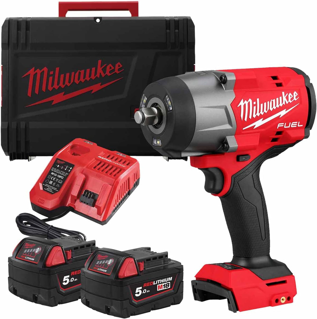 Milwaukee Schlagschrauber, 1,27 cm, 18 V, Rot/Schwarz/Grau, M18FHIW2F12-502X Kraftstoff, hohes Drehmoment, mit Reibring
