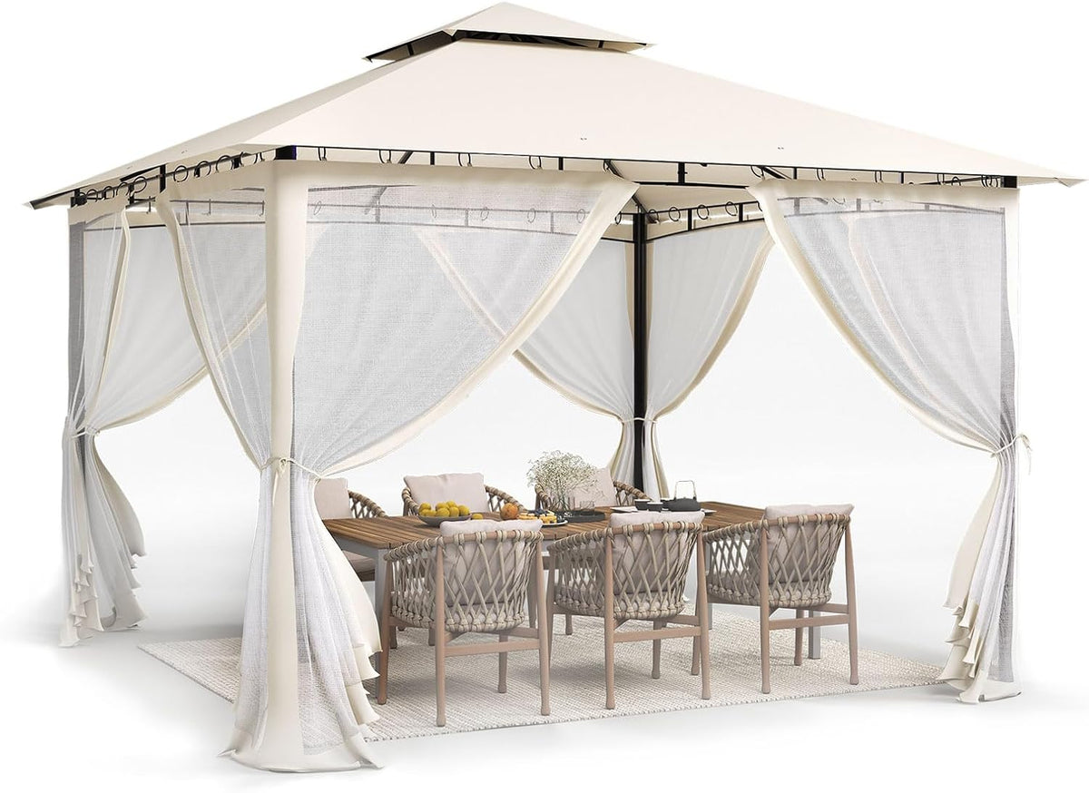 UDPATIO Pavillon, 75m, Weiß/Beige, 75x2, Wasserdicht Stabil Winterfest, Garten mit Doppeldach, Moskitonetz und Metallrahmen