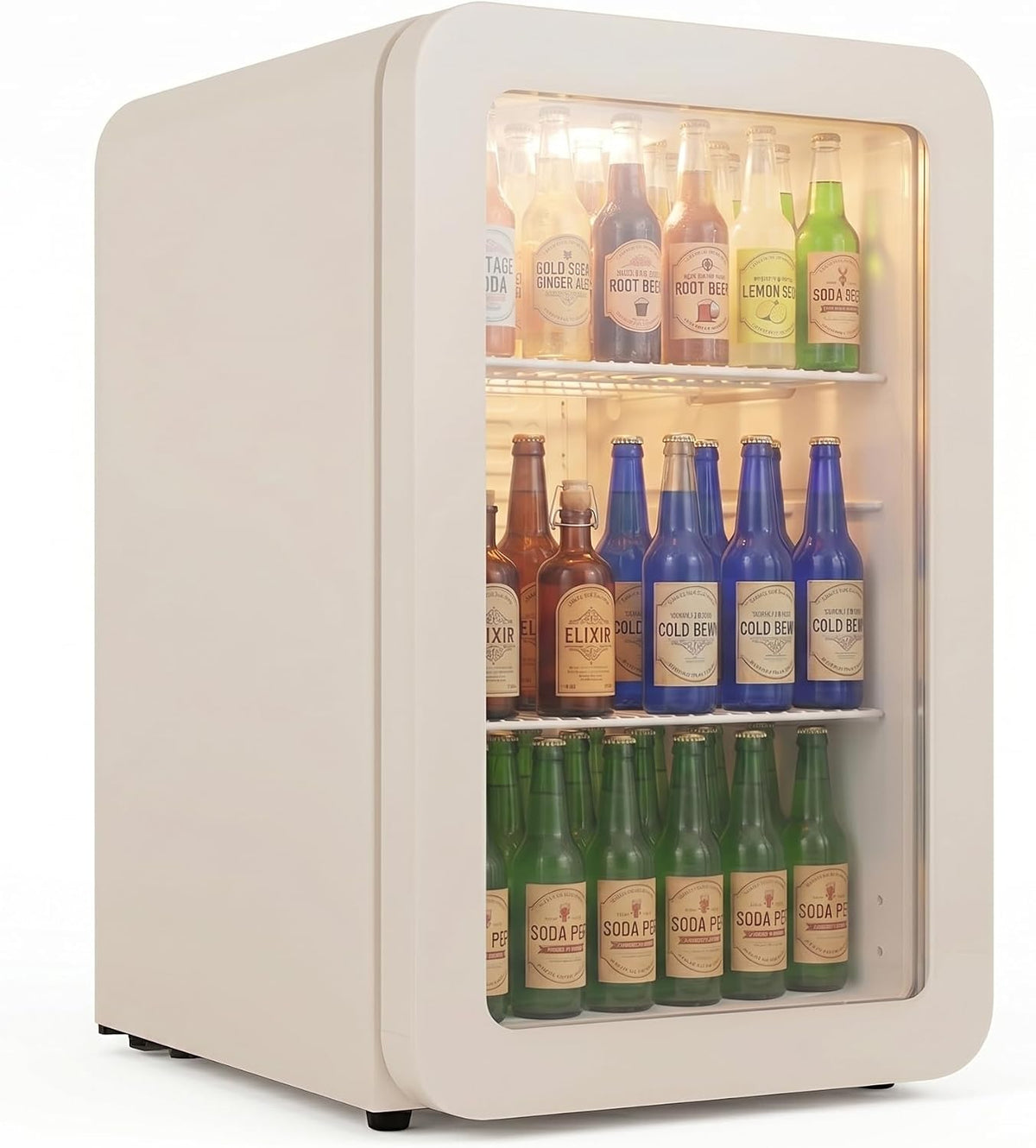 °CUBES Getränkekühlschrank, 128 L, Creme, Retro Kühlschrank, Leiser mit großem Stauraum für Küche, Büro, Kiosk & Gastronomie
