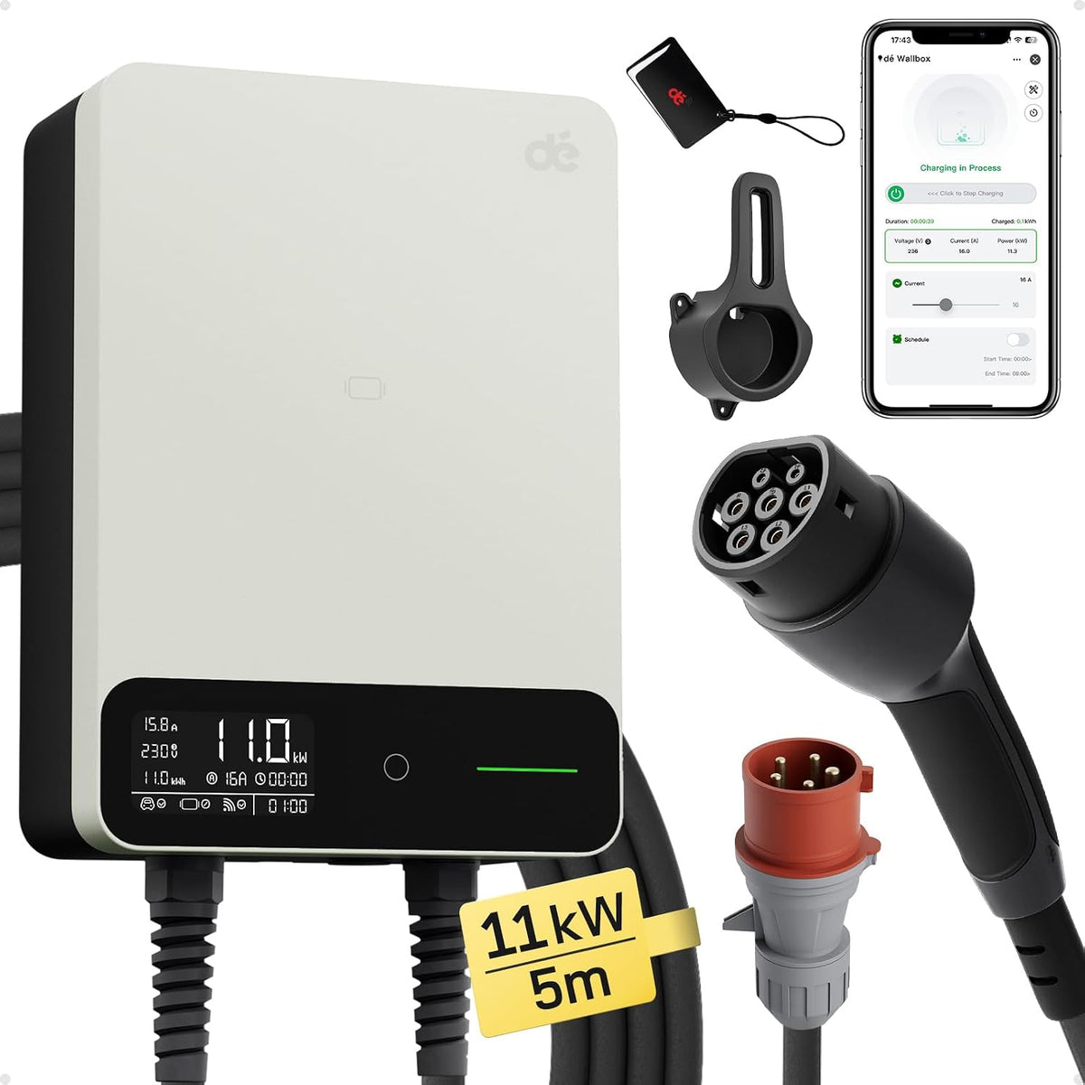 dé Ladestationen, 11 kW, 400 V, 5m, Weiß/Schwarz, Typ 2 Wallbox mit APP und RFID, 6-16A 3-Phasen EV-Ladegerät mit Ladekabel und Kabelhalter