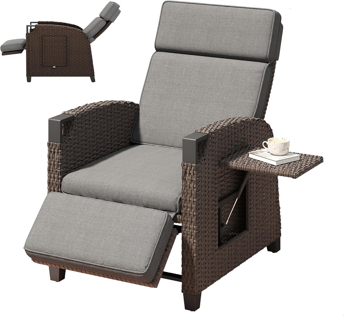 Amopatio Relaxsessel, Grau, Relaxliege Liegesessel, Rattan Sonnenliege mit Verstellbar Rückenlehne und, Outdoor Gartensessel wetterfestes