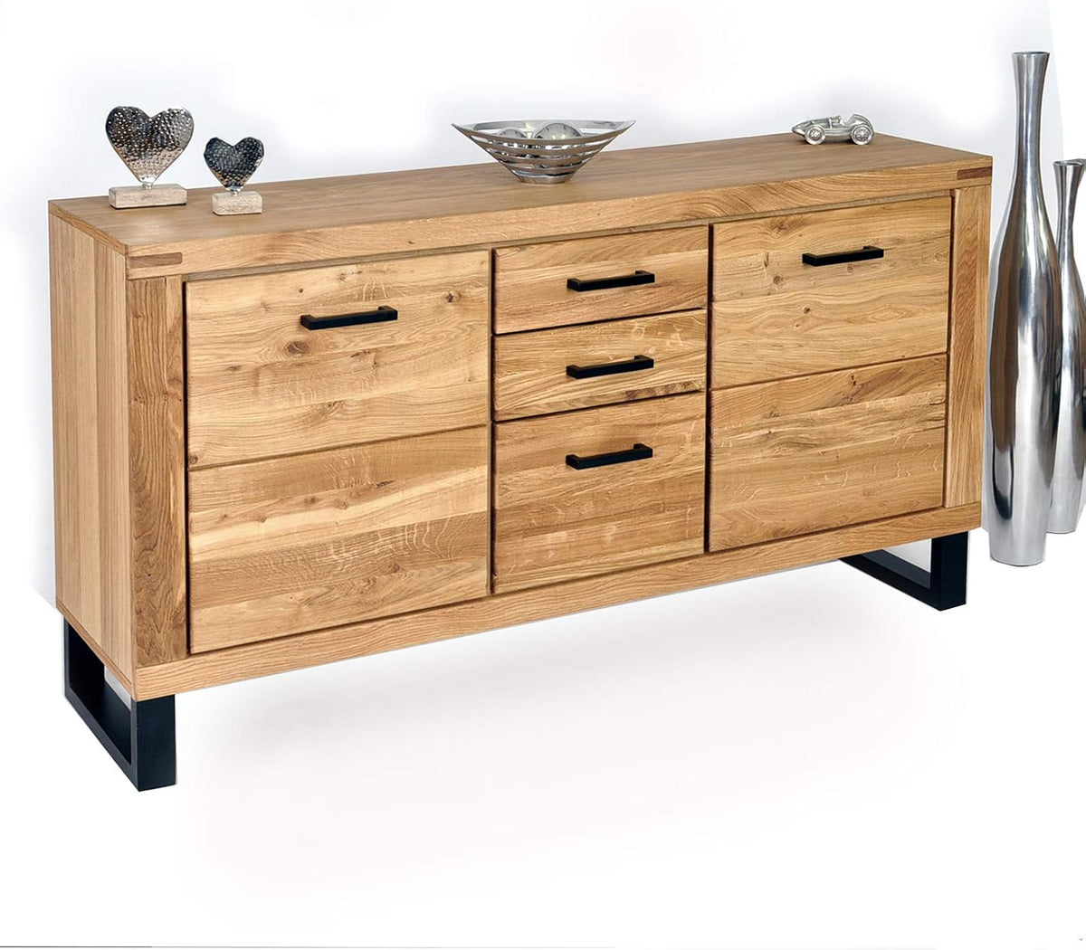 DK-Wohnen Sideboard, Schwarz/Eiche, Kommode Wildeiche Teilmassiv geölt B158xH82xT40 ELFO Tina
