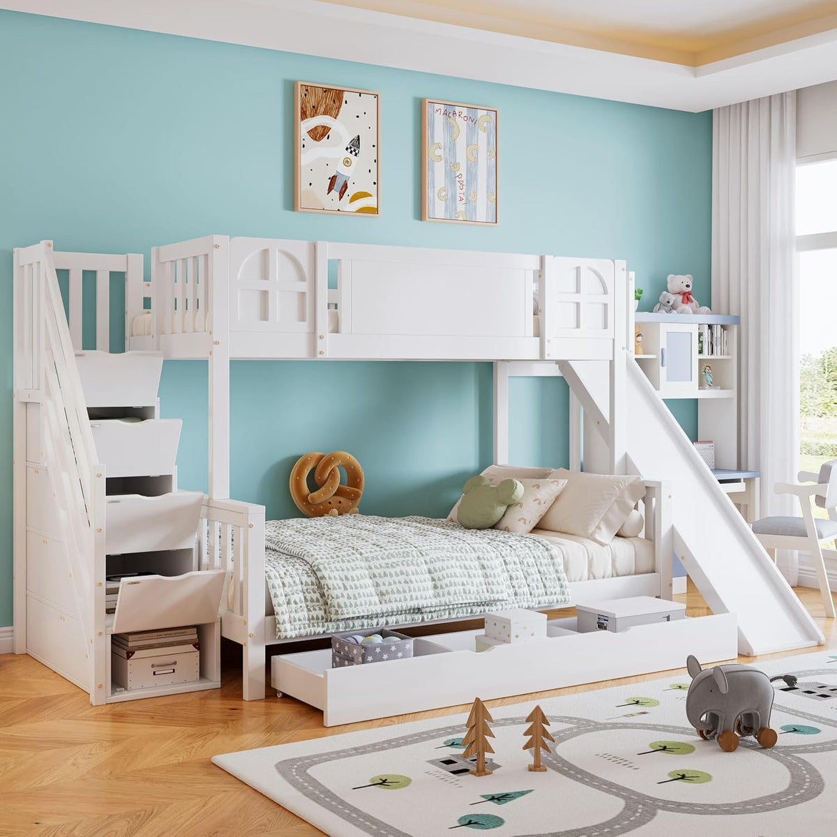 YCYDHDM Bett, 120x200 cm, Weiß, Etagen Kinder 90x200 und mit Rutsche und Stauraumtreppe, Hoch mit Schubladen und Lattenrost