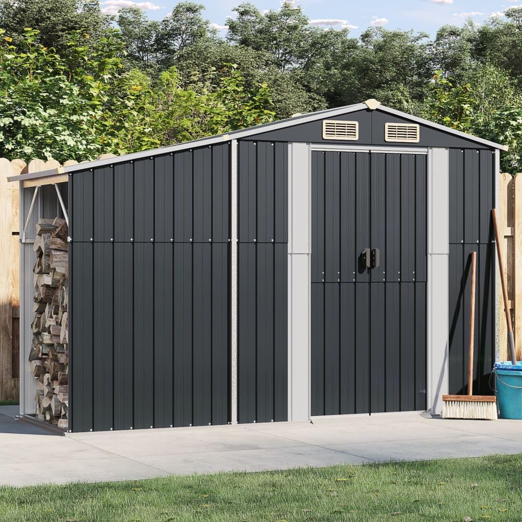 Gerätehaus SECOLI, 277 x 93 x 179 cm, Anthrazit, mit Holzunterstand Fahrradgarage Metall Unterstand