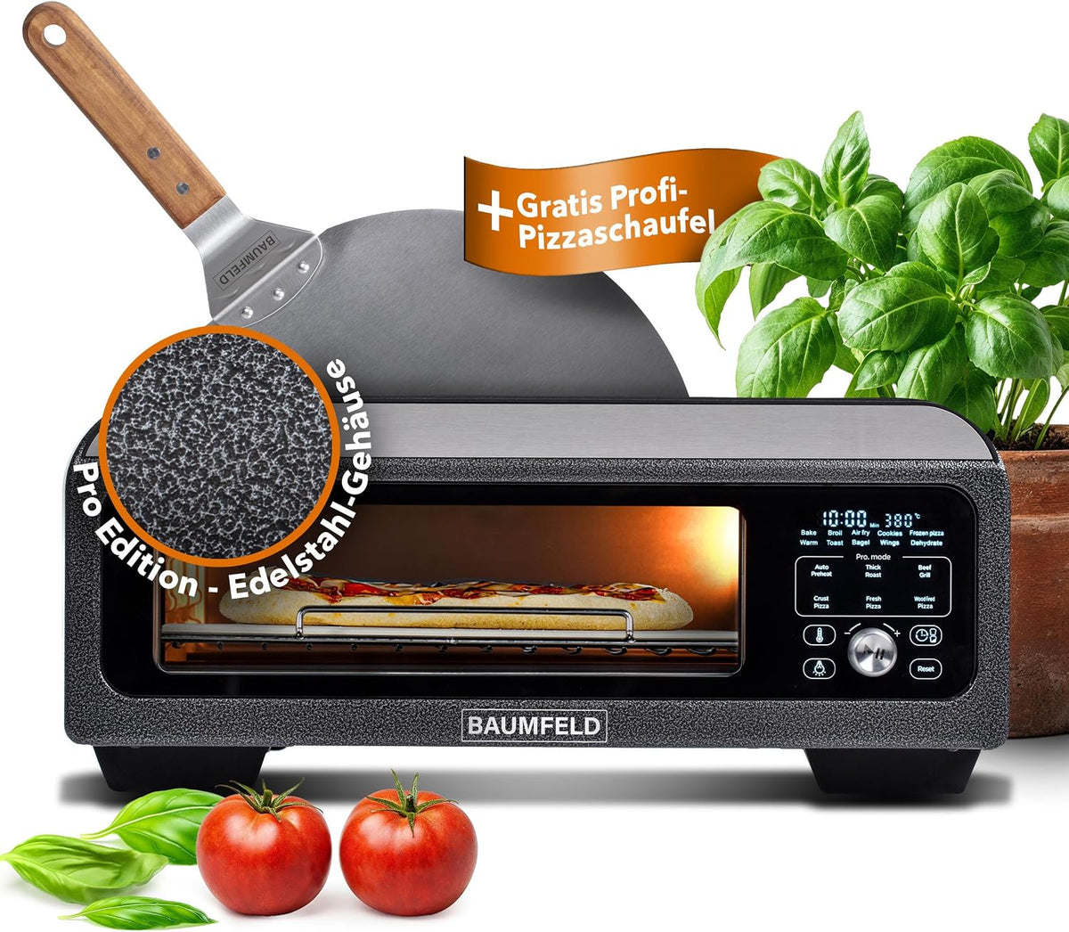 BAUMFELD Pizzaofen, Schwarz, PizzaAirfryer400 Pro - 12 in 1 Multifunktionsofen, 400 °C, Grillen, Pizza, Air Fryer