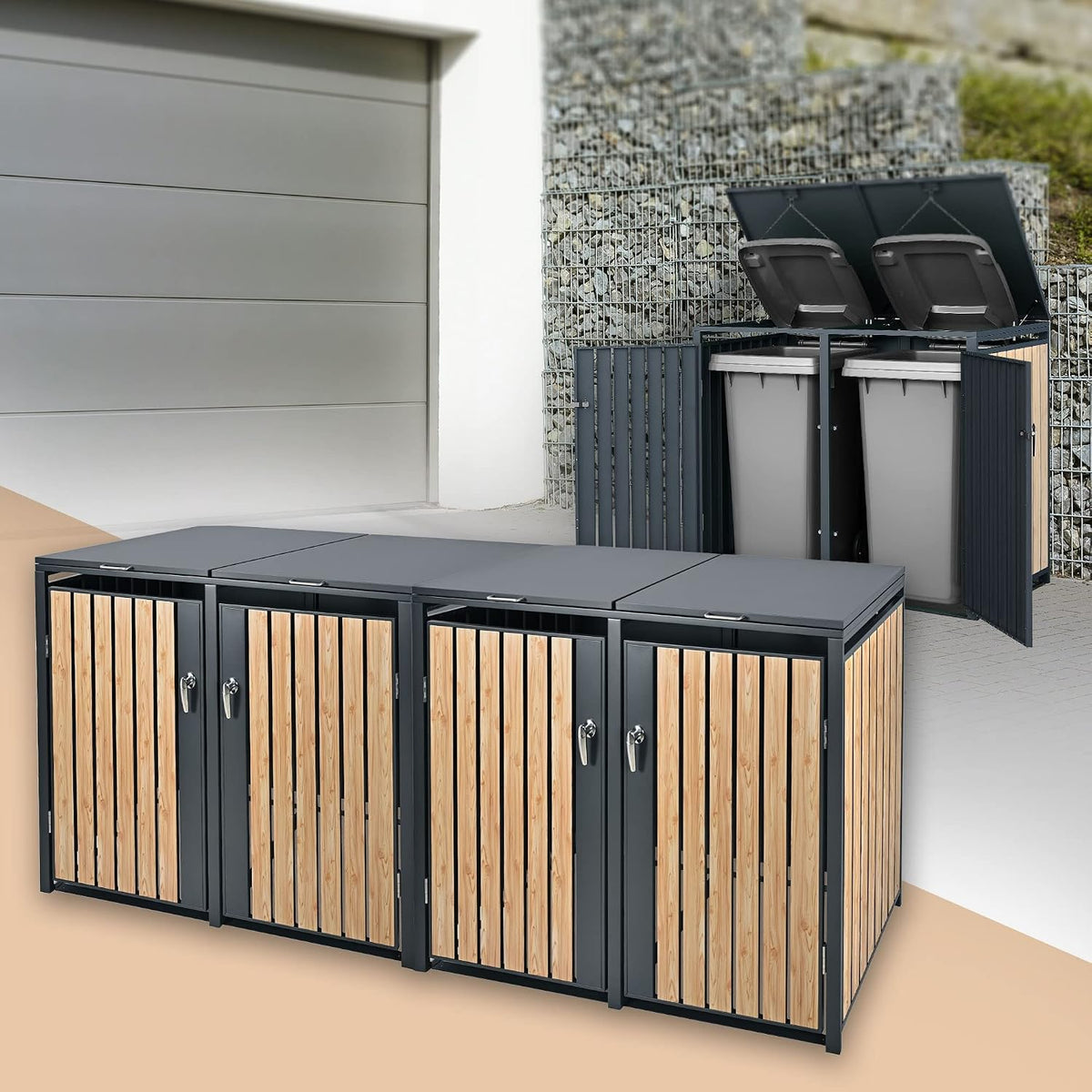 ML DESIGN modern living Mülltonnenbox, 264x80x116,3 cm, 240 L, Anthrazit, ML- 4er 4 Tonnen -Holzoptik, Müllbox Mülltonnecontainer Mülltonnenabdeckung
