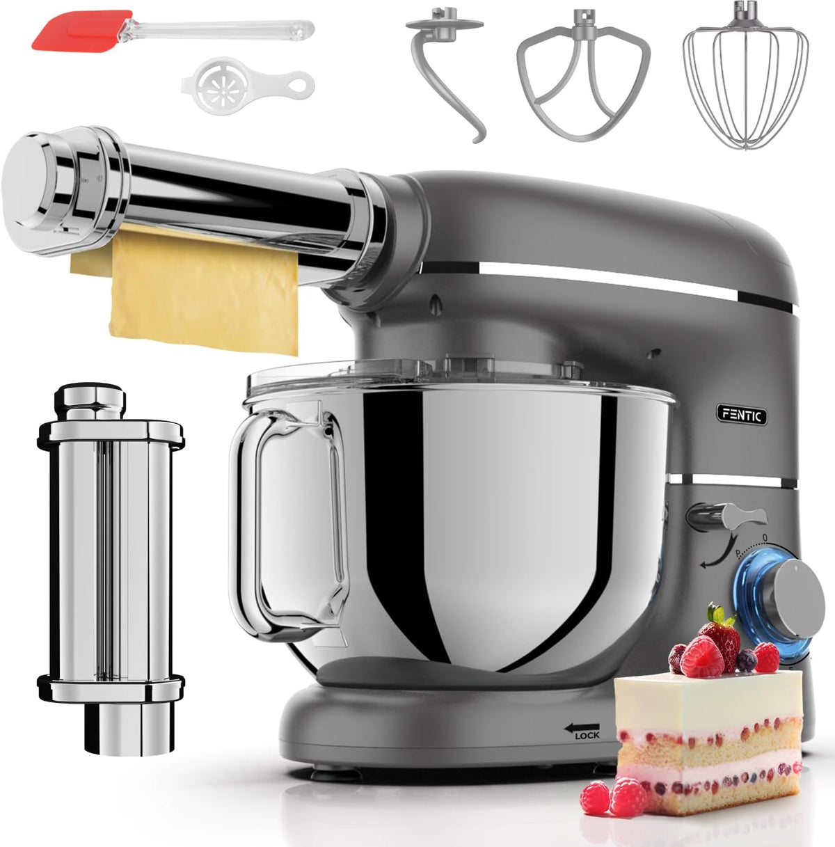 Fentic Knet- & Rührmaschinen, 2000 W, 6,2 L, Grau, Kuchenmaschine mit Nudelmaschine, Knetmaschine mit Nudelmaschine Elektrische