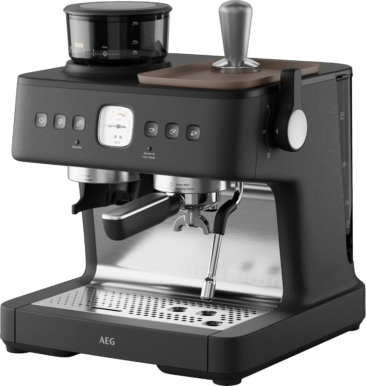 AEG Milchaufschäumer, 20 Bar, 58 mm, Schwarz, Espresso Siebträgermaschine EC8-1-8BP, Dual Thermoblock, 30 Mahlgrade