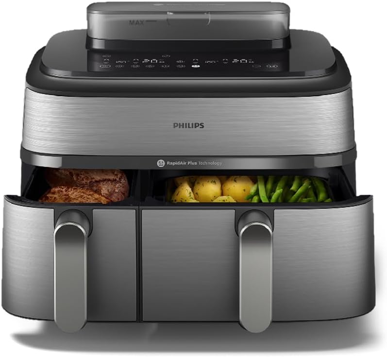 Philips Heissluftfritteuse, 9 L, 3 L, 6 L, Schwarz/Silber, Airfryer 5000 Series Dual Basket Heißluftfritteuse