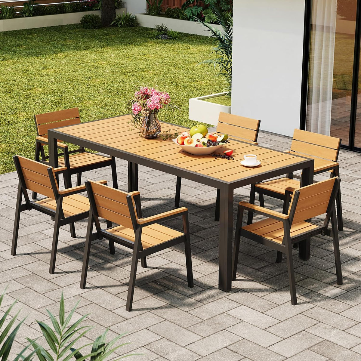 Gartenmöbel-Set Devoko, Schwarz/Holzoptik, Gartengarnitur, Gartenmöbel Set 6 stühle mit tischt, Balcony Furniture alu