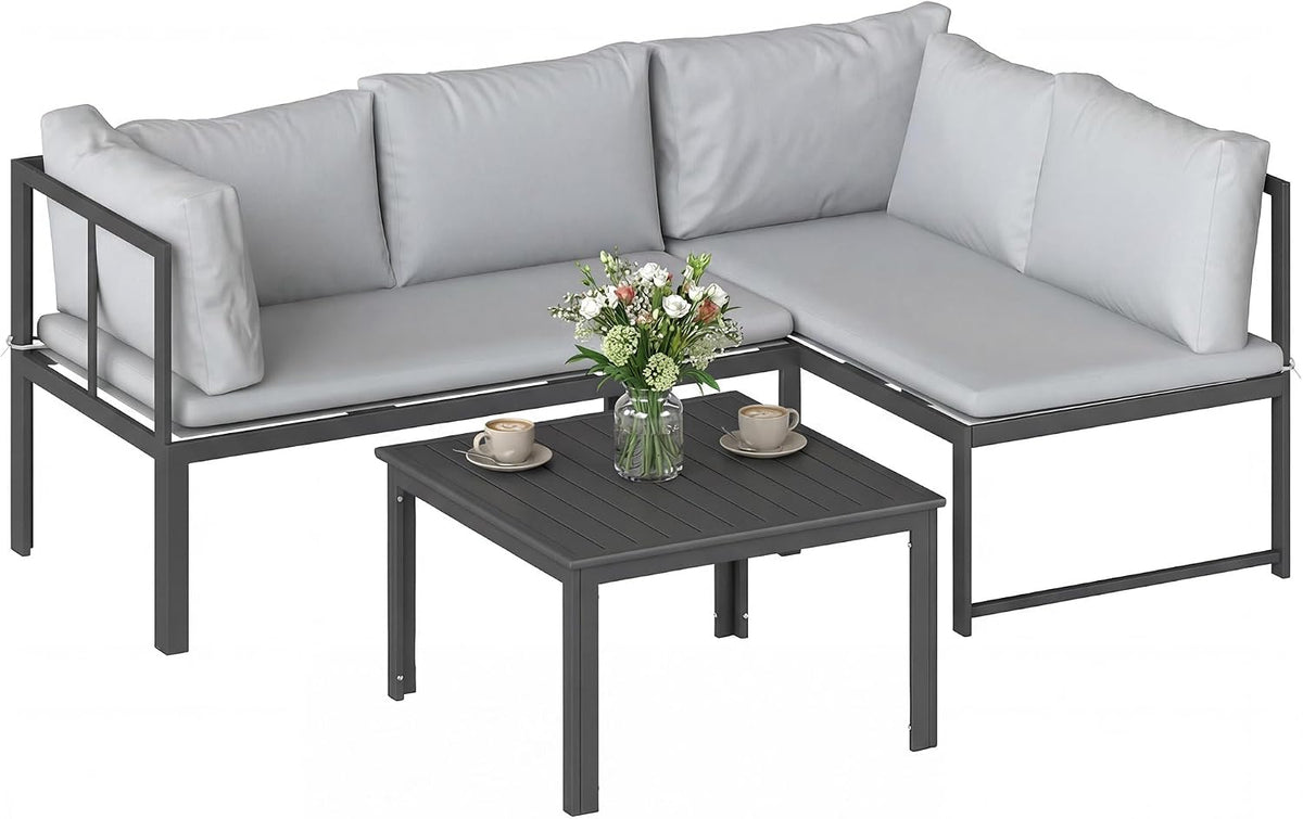 Sofa Outsunny, 16 cm, grau, 3-teiliges Gartenmöbel-Set Eck für den Außenbereich, Modulares Terrassenmöbel mit verstellbarer Armlehne
