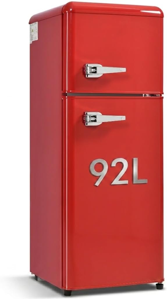 Lahoomu Kühl-Gefrierkombination, 105,5*41*45,5 cm, 92 Liter, 28 Liter, Rot, Retro-Kühlschrank, Kühl-Gefrier-Kombination
