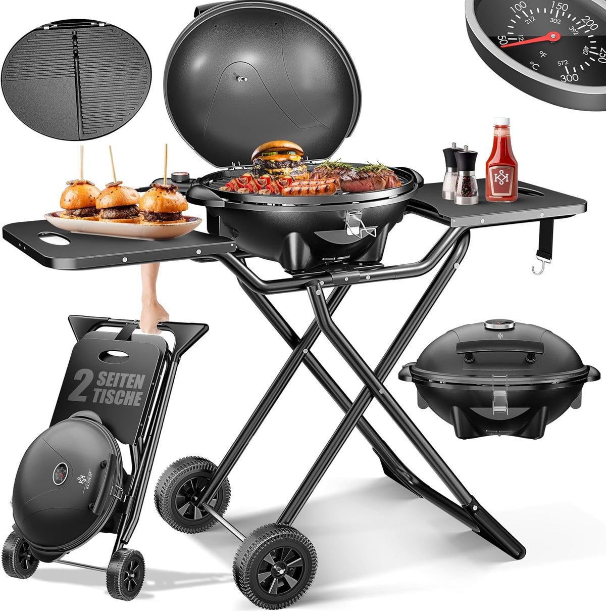 KESSER Elektrogrill, Grau, elektrischer 2in1 Tischgrill - Standgrill mit Deckel