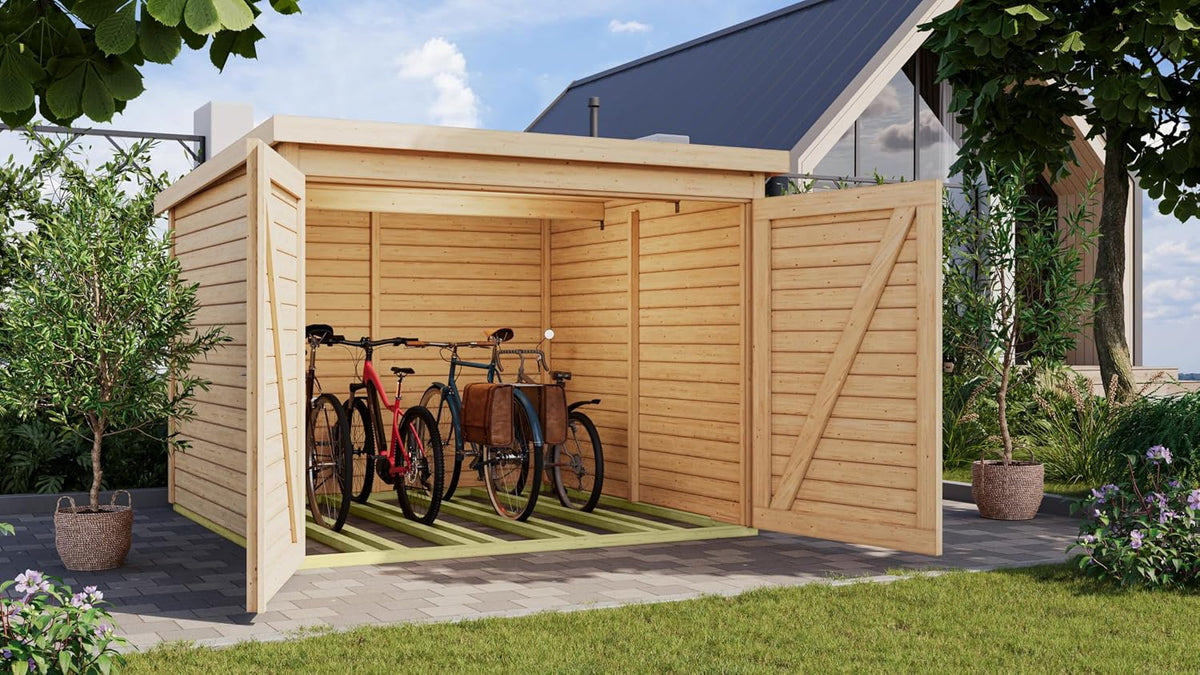 Chillroi Fahrrad, 4,6 m, Natur, Karibu garage aus nordischer Fichte für 4 Fahrräder, Wetterfest, ² Grundfläche