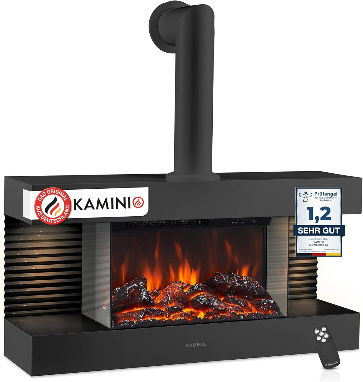 KAMINIO Elektrokamin, Schwarz, Liz mit Ofenrohr - Elektrischer Wandkamin mit Heizung, 3D-Flammeneffekt, LED-Ambientelicht
