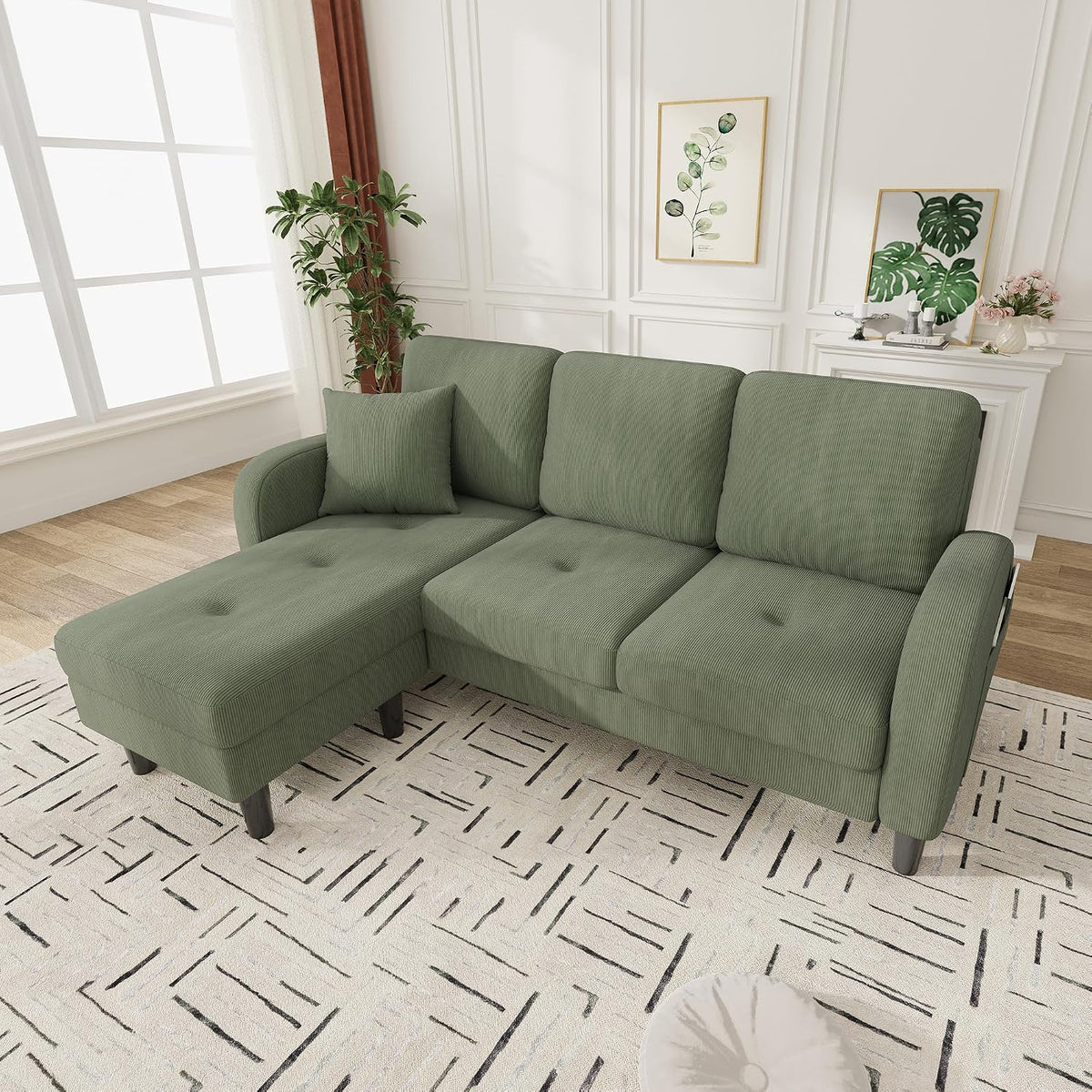LinoraFurn Sofa, 166x118x77 cm, grün, L-förmiges Eck mit Chaiselongue, 3-Sitzer, Cordstoff, Kunststoffbeine, Modulares Design