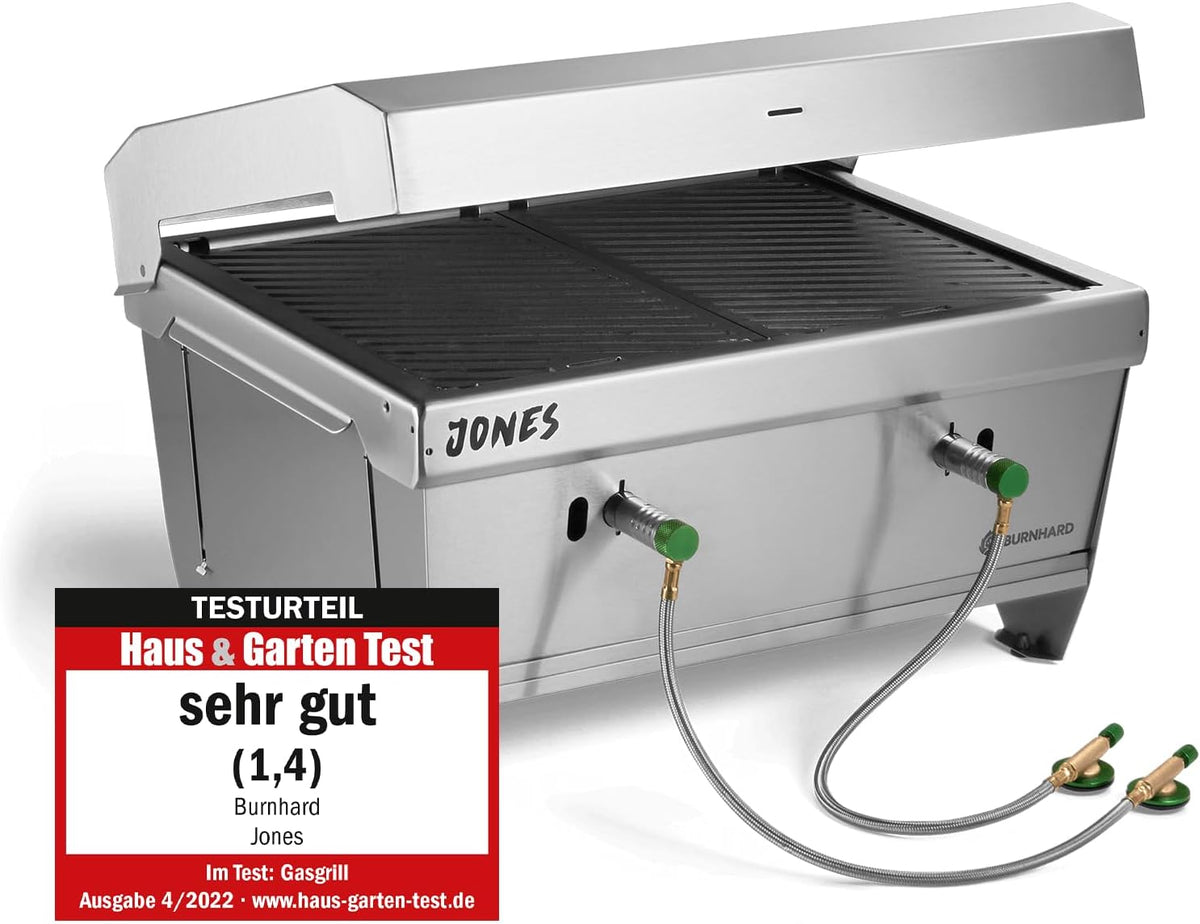 BURNHARD Gasgrill, Silber, Camping JONES Edelstahl Klappgrill mit Deckel 2-Brenner