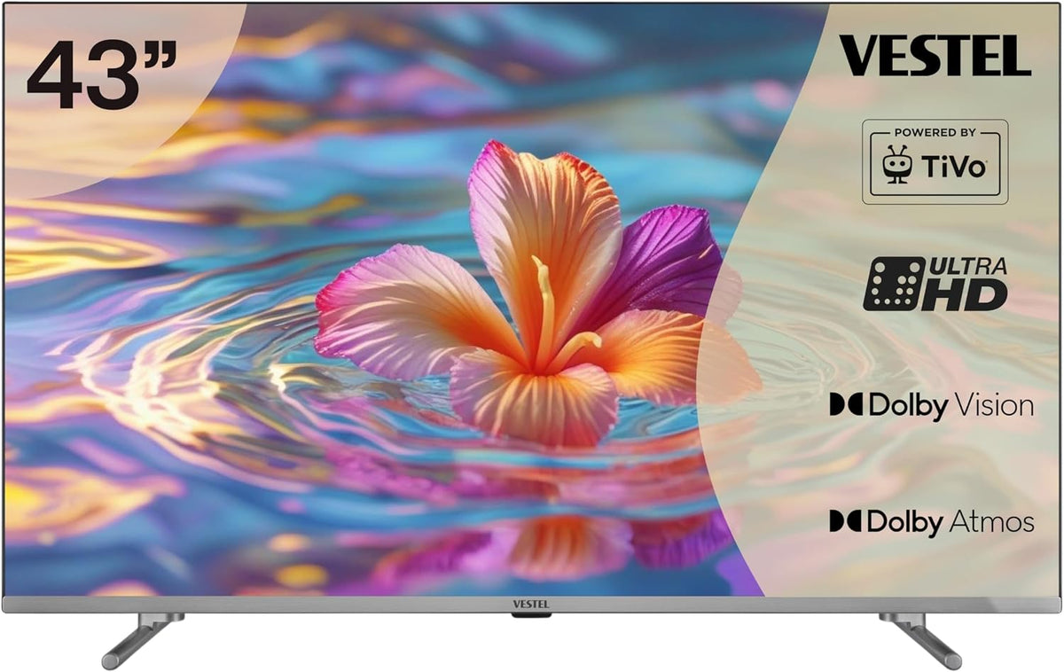 Vestel Fernseher, 43 Zoll, schwarz, Smart TV, Smart TV Powered by TiVo, 4K UHD mit Dolby Vision HDR, Dolby Atmos und integriertem Triple-Tuner