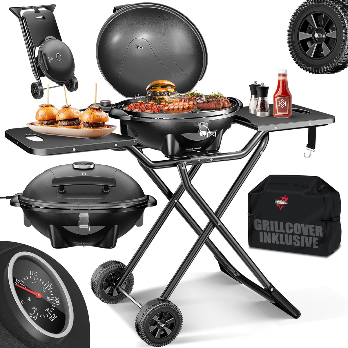KESSER Elektrogrill, Grau, elektrischer 2in1 Tischgrill & Standgrill mit Deckel &, 2400 Watt, Thermostat, Antihaftbeschichtung