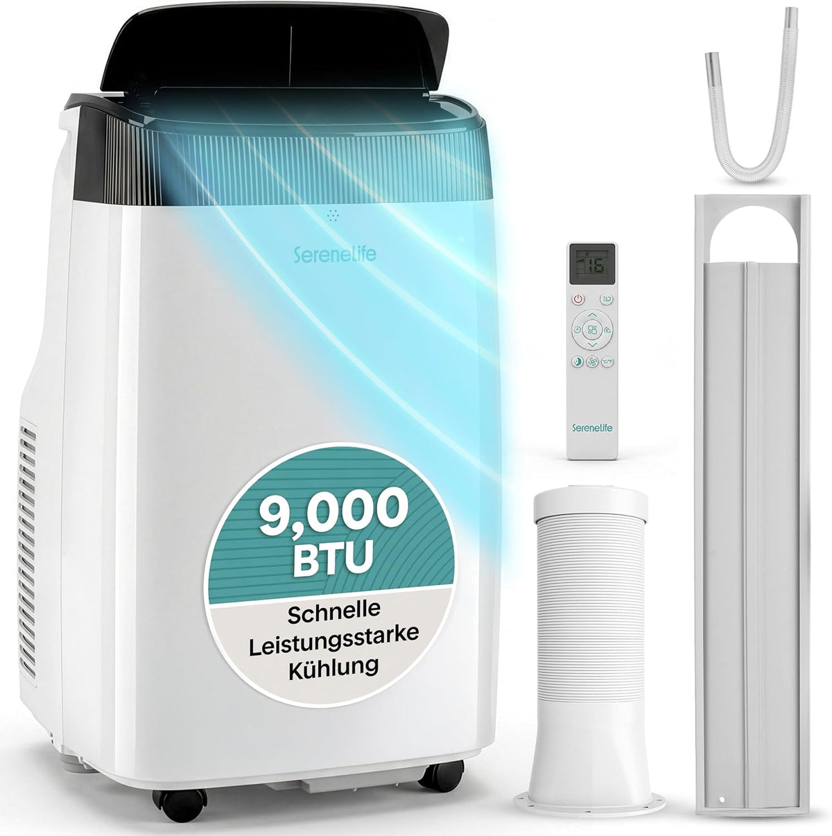 SereneLife Klimaanlage, 2,6 kW, 28 m, Weiß/Schwarz, Mobile 7000 BTU, L52 dB Leises Klimagerät für Schlafzimmer bis ²