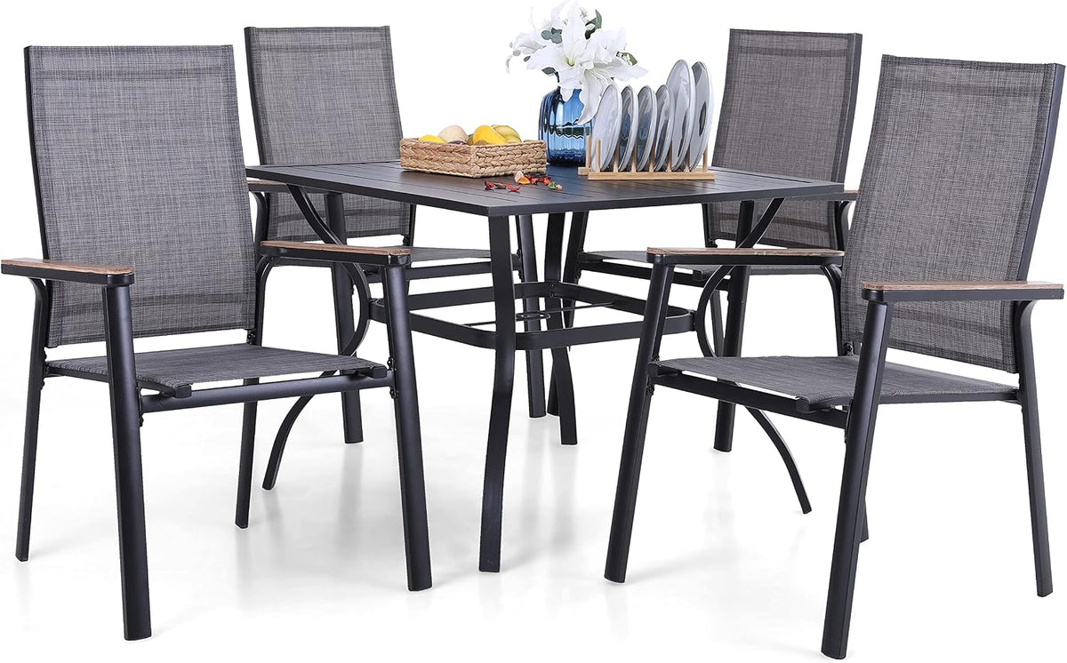 MFSTUDIO Essgruppe, 4 cm, Schwarz/Grau, Garten Möbel Set 4 Stühle mit Tisch, Quadratischer Metall Tisch mit Schirmloch und 4 Aluminium